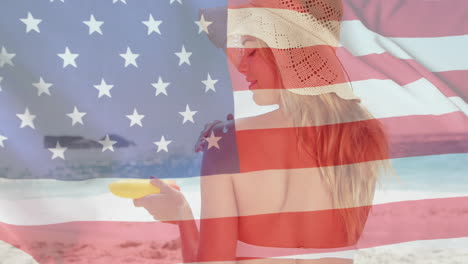 Animation-of-flag-of-usa-over-caucasian-woman-on-beach-in-summer