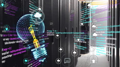 Animación-De-Bombillas,-Iconos-De-Nubes-Y-Procesamiento-De-Datos-A-Través-De-Servidores-Informáticos