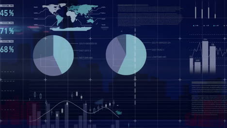 Animation-Von-Diagrammen-Und-Grafiken-Zur-Datenverarbeitung-über-Stadtgebäuden-Bei-Nacht