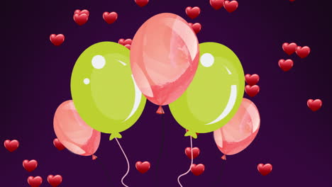 Animación-De-Globos-Y-Corazones-Sobre-Fondo-Morado