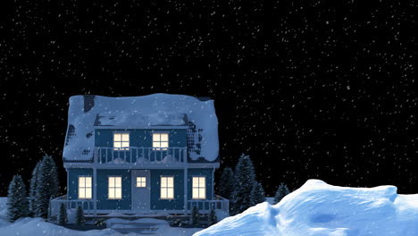 Animation-Von-Fallendem-Schnee-über-Weihnachtlicher-Winterlandschaft-Mit-Haus-Auf-Schwarzem-Hintergrund