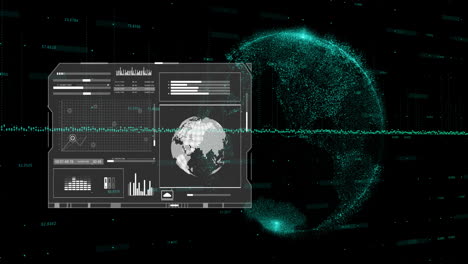 Animation-Von-Bildschirm-Und-Datenverarbeitung-über-Globus-Auf-Schwarzem-Hintergrund