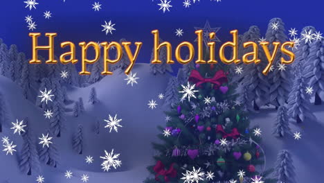 Animation-of-happy-holidays-text-and-snow-falling-over-christmas-trees-on-blue-background