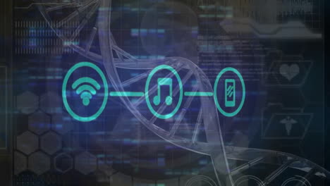 Animation-of-dna-strand-and-data-processing-over-dark-background