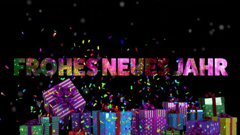 Animation-Of-Frohes-Neues-Jahr-Text-And-Confetti-With-Presents-On-Black-Background