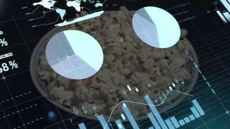 Animation-of-data-processing,-stock-market-and-world-map-over-caucasian-woman-eating-popcorn