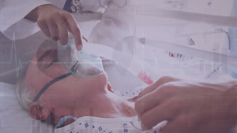 Diverse-doctors-over-male-patient-in-bed-with-oxygen-mask-over-cardiograph-and-diagrams