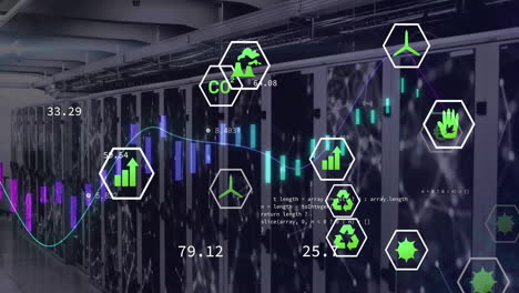 Animation-of-eco-icons-and-data-processing-over-computer-servers