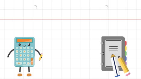 Animation-of-happy-calculator-diary-and-pencils-over-squared-notebook-page