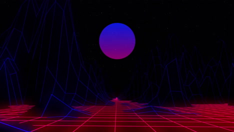 Animation-of-pink-and-blue-moon-over-moving-digital-grid-landscape-on-black-background