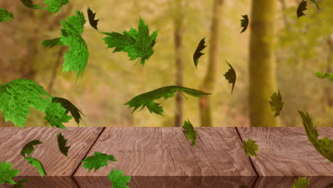 Animation-of-leaves-blowing-over-wooden-table-top-and-trees-in-forest