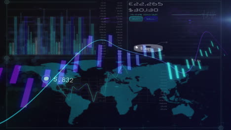 Animation-Der-Finanzdatenverarbeitung-über-Einer-Weltkarte-Auf-Dunklem-Hintergrund