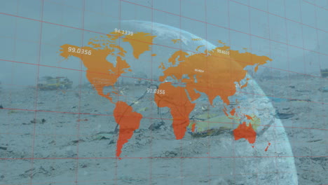 Animation-of-financial-data-processing-over-globe,-world-map-and-wasteland