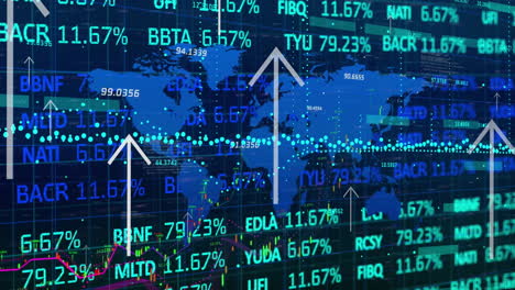 Animación-Del-Procesamiento-De-Datos-Financieros-Sobre-El-Mapa-Mundial-Sobre-Fondo-Negro