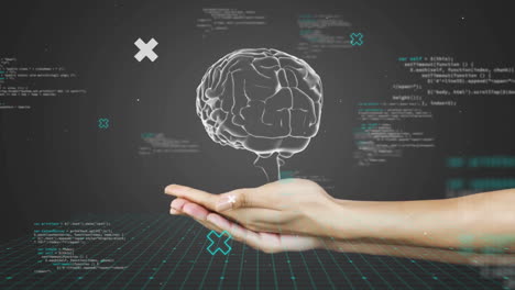 Animation-of-human-brain-with-woman's-hand-and-data-processing-over-dark-background