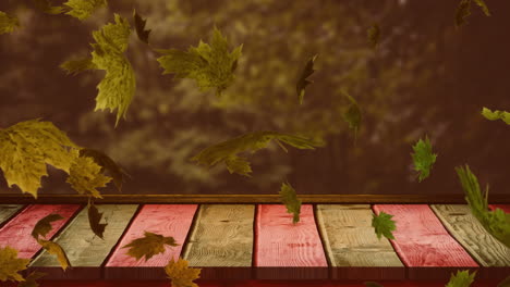 Animation-of-leaves-blowing-over-wooden-table-top-and-tree-tops