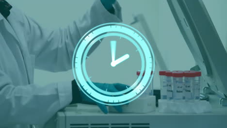 Animation-of-moving-clock-over-caucasian-female-scientist-in-lab