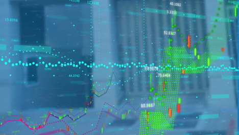 Animation-Der-Finanzdatenverarbeitung-über-Gebäuden