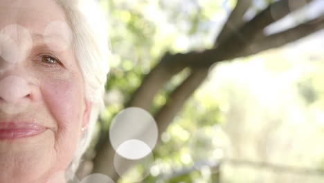 Animation-of-spots-of-light-and-trees-over-smiling-senior-caucasian-woman-in-garden