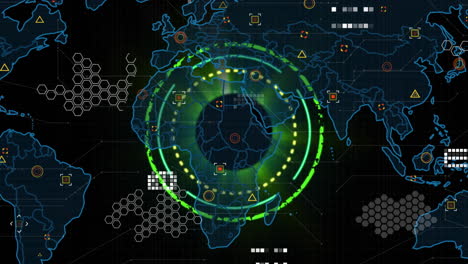 Animation-of-scope-scanning,-world-map-and-data-processing-over-dark-background