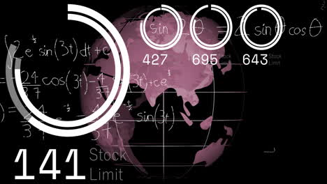 Animation-of-mathematical-data-processing-over-globe-on-black-background