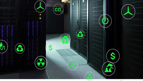 Animation-of-eco-icons-and-data-processing-over-computer-servers