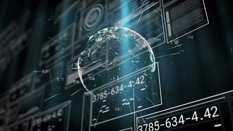 Animation-of-graphs,-loading-circle-and-bars-over-numbers-around-globe-against-abstract-background