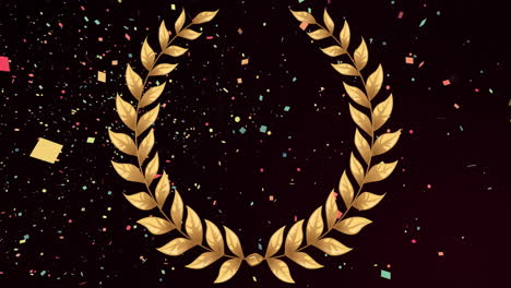 Animation-of-gold-laurel-wreath-and-falling-confetti-on-black-background