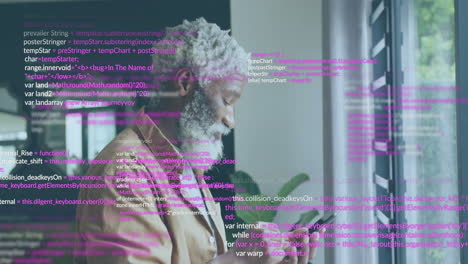 Animation-of-data-processing-over-senior-african-american-businessman-using-smartphone