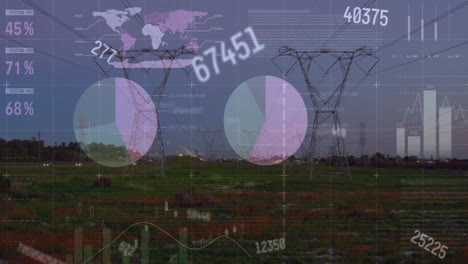 Animation-of-financial-data-processing-over-electricity-pylons-on-field