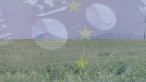 Animación-De-La-Bandera-De-La-UE-Con-Procesamiento-De-Datos-Financieros-Sobre-El-Campo-De-Turbinas-Eólicas-En-El-Campo.