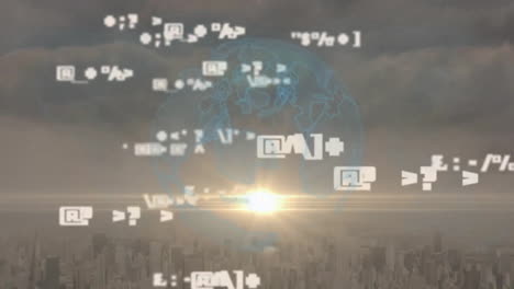 Animación-Del-Procesamiento-De-Datos-Con-Globo-Terráqueo-Y-Estelas-De-Luz-Sobre-El-Paisaje-Urbano.