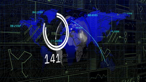 Animation-of-scopes-with-data-processing-with-world-map-over-black-background