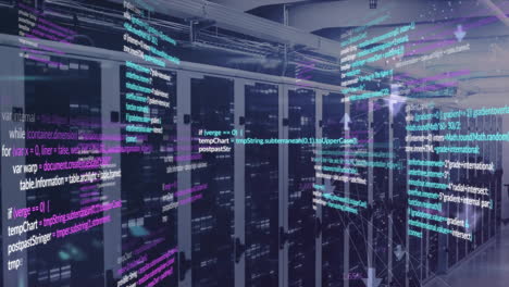 Animation-of-computer-language-and-connected-arrow-icons-over-data-server-room
