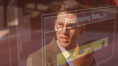 Animación-Del-Procesamiento-De-Datos-Sobre-Un-Hombre-De-Negocios-Caucásico-Hablando-Por-Teléfono-Inteligente