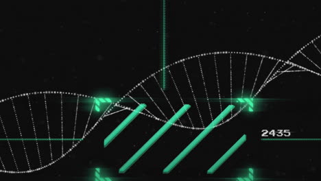 Animation-of-dna-strand-and-data-processing-over-dark-background