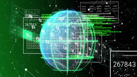 Animation-of-changing-numbers,-graphs,-loading-bars-and-connected-dots-over-globe