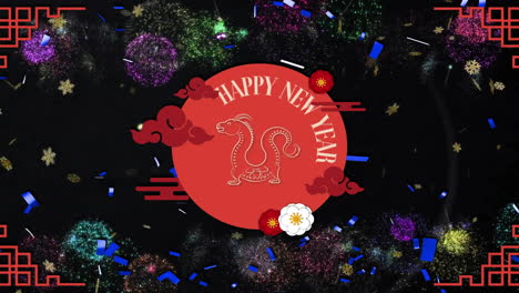 Animation-of-happy-new-year-text-over-dragon-and-chinese-pattern