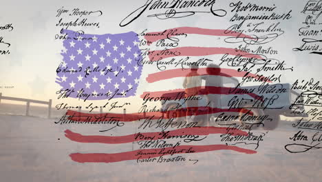 Animation-of-american-flag-and-declaration-over-african-american-couple-with-car-on-sunny-beach