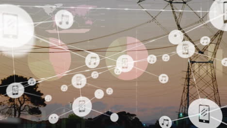 Animation-of-network-of-connections-with-icons-and-data-processing-over-electric-pylons