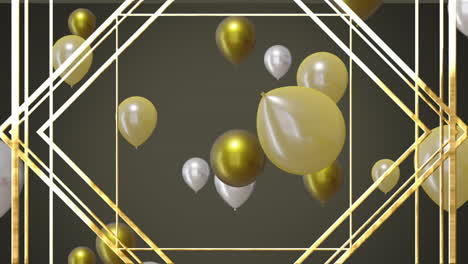 Animation-Von-Goldenen-Und-Silbernen-Luftballons-Mit-Muster-Auf-Grauem-Hintergrund