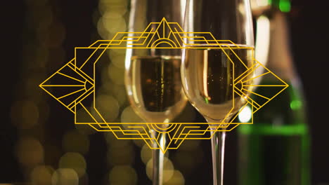 Animation-of-yellow-shapes-over-glasses-of-champagne