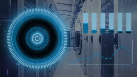 Animation-of-blue-scanner-and-processing-data-on-graphs-over-computer-server-room