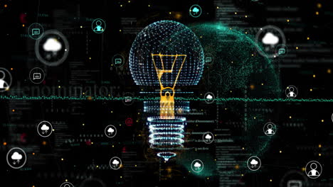 Animación-De-Bombillas-Digitales-E-íconos-De-Medios-Sobre-El-Globo-Y-El-Procesamiento-De-Datos