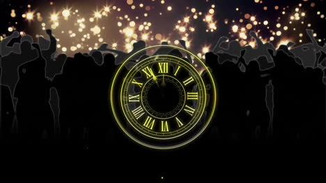 Animation-of-clock-showing-midnight-and-fireworks-exploding-on-black-background