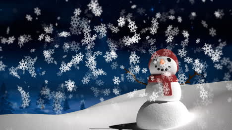 Animation-of-snow-falling-over-snowman-in-winter-scenery