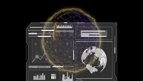 Animation-Von-Bildschirm-Und-Datenverarbeitung-über-Globus-Auf-Schwarzem-Hintergrund