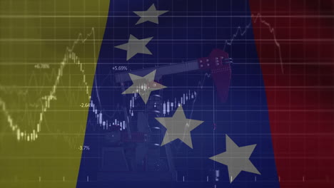 Animación-Del-Procesamiento-De-Datos-Financieros-Sobre-Plataforma-Petrolera-Y-Bandera-De-Venezuela