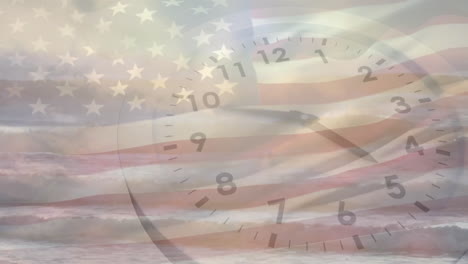 Animation-of-clock-over-flag-of-usa-and-sea