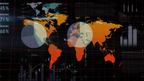 Animation-of-infographic-interface-and-gradient-map-against-black-background